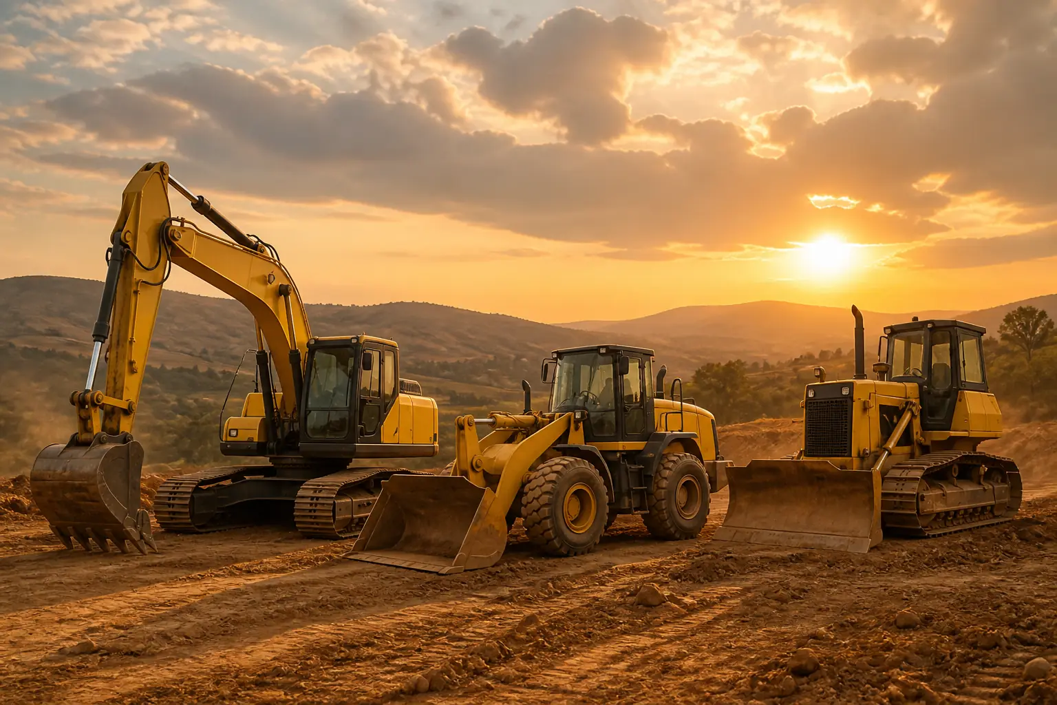 Máquinas da linha amarela em pátio de obra ao entardecer