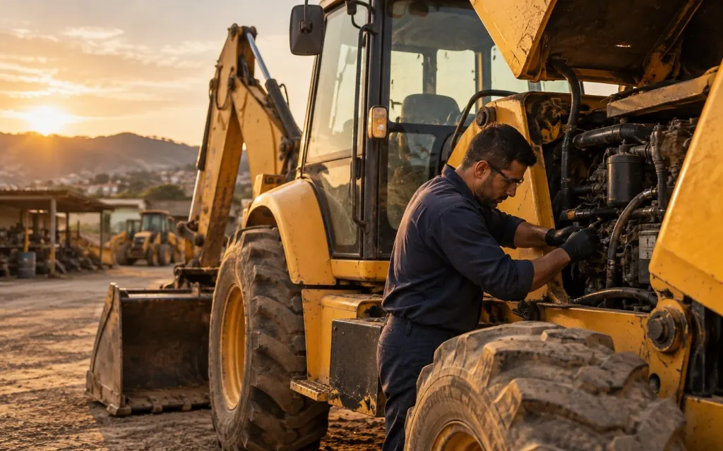 Mecânico fazendo manutenção no motor de uma retroescavadeira amarela